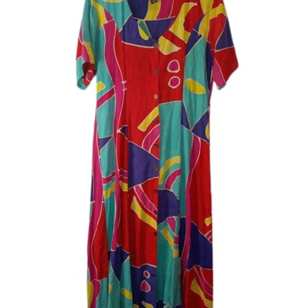 Vintage Reggae Wear Jamaica Womens Shirt Dress Mutlicolor Maxi Tie Back